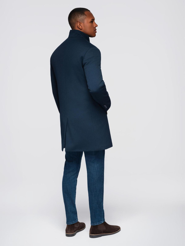 Ombre Clothing Pánsky zúžený štruktúrovaný kabát s vysokým golierom - tmavo modrý V2 OM-COWC-0136 Ombre Clothing