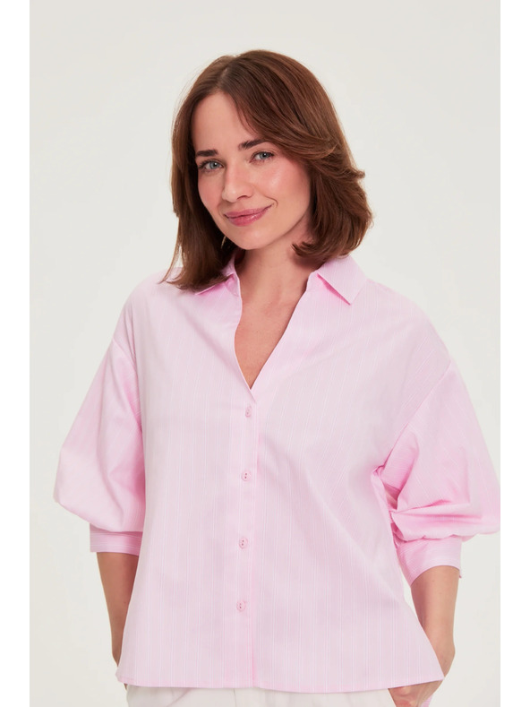 Moodo Pruhovaná košeľa s bufiastými rukávmi ružová Moodo