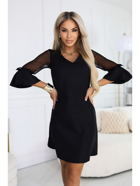 numoco Trapézové trblietavé šaty s tylovými rukávmi a výstrihom V - čierne