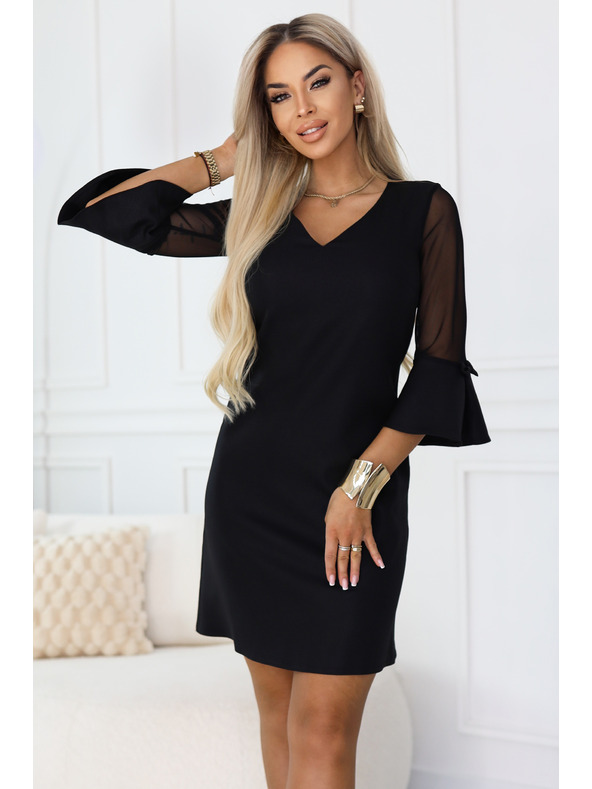 numoco Trapézové trblietavé šaty s tylovými rukávmi a výstrihom V - čierne