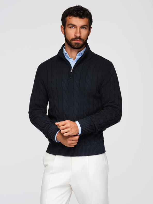 Ombre Clothing Pánsky kockovaný pletený sveter so zipsom - čierny V2 OM-SWZS-0138 Ombre Clothing