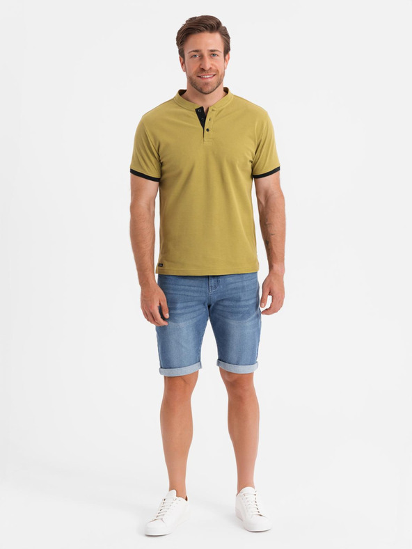 Ombre Clothing Pánske voľnočasové tričko s výstrihom henley a kontrastným lemovaním - olivová farba V11 OM-TSCT-0156 Ombre Clothing