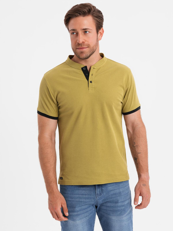 Ombre Clothing Pánske voľnočasové tričko s výstrihom henley a kontrastným lemovaním - olivová farba V11 OM-TSCT-0156 Ombre Clothing