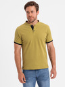 Ombre Clothing Pánske voľnočasové tričko s výstrihom henley a kontrastným lemovaním - olivová farba V11 OM-TSCT-0156 Ombre Clothing