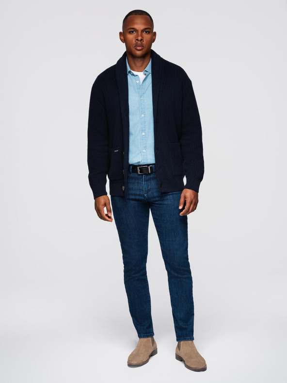 Ombre Clothing Pánsky bavlnený sveter so šálom límcom - tmavo modrý V1 OM-SWCD-0153 Ombre Clothing