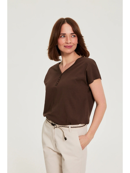 Moodo Bavlnené tričko s výstrihom do V hnedé Moodo