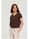 Moodo Bavlnené tričko s výstrihom do V hnedé Moodo