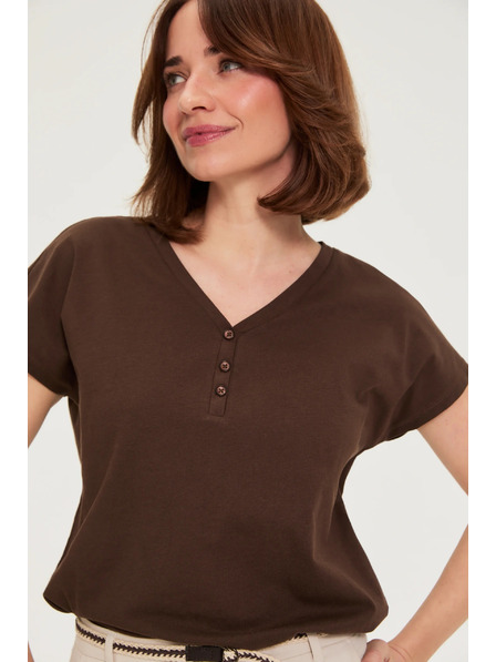 Moodo Bavlnené tričko s výstrihom do V hnedé Moodo