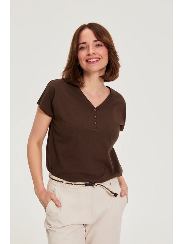 Moodo Bavlnené tričko s výstrihom do V hnedé Moodo