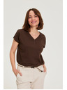 Moodo Bavlnené tričko s výstrihom do V hnedé Moodo