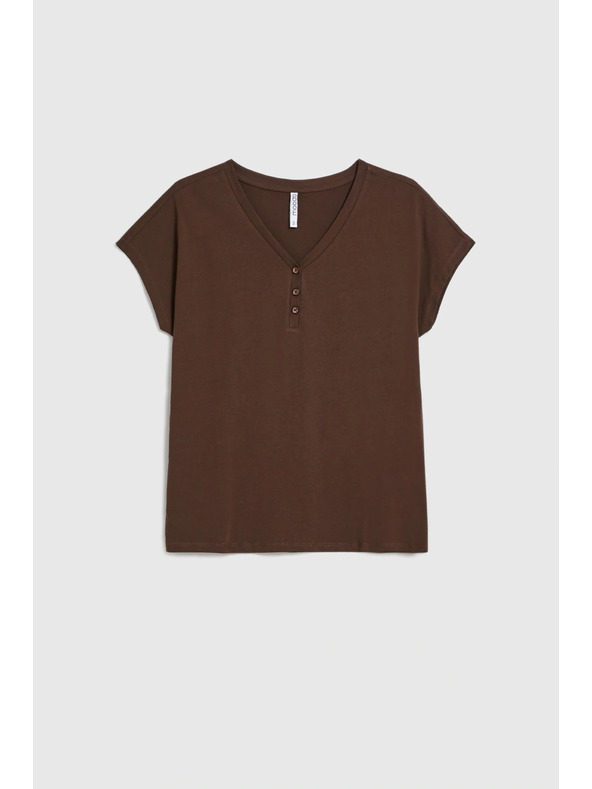 Moodo Bavlnené tričko s výstrihom do V hnedé Moodo