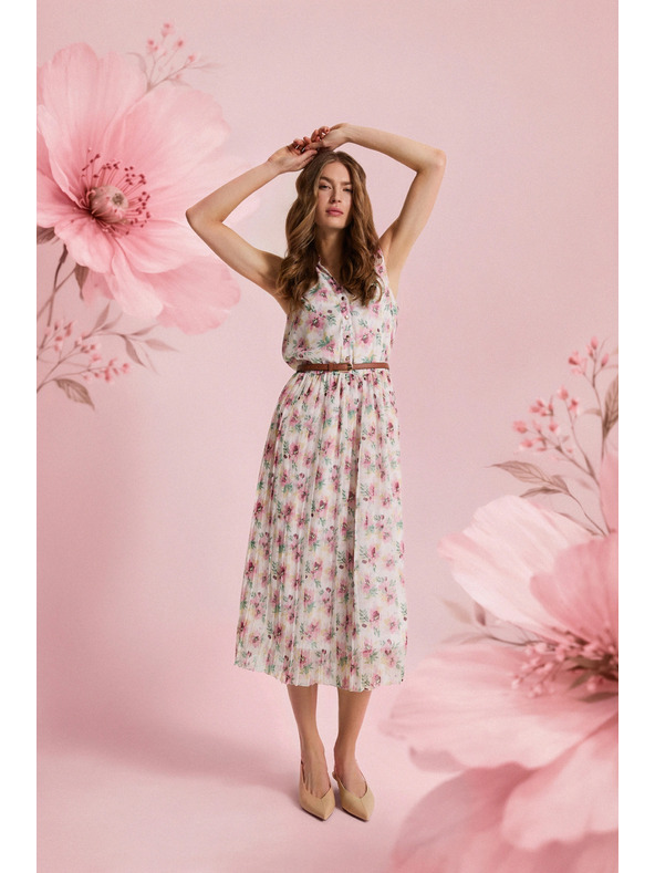 Moodo Biele kvetované šaty s páskom Moodo