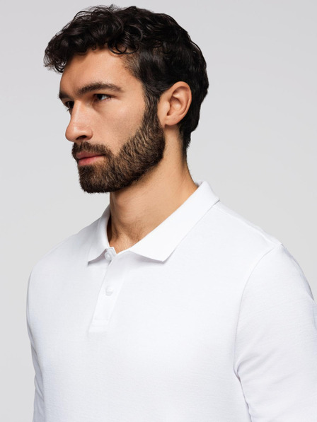 Ombre Clothing Pánske tričko BASIC s dlhým rukávom a polo golierom - biele V1 OM-POBL-0162 Ombre Clothing