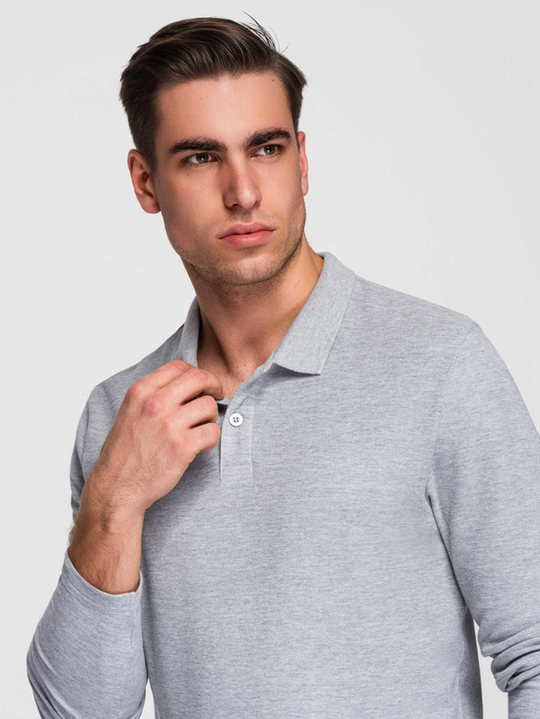 Ombre Clothing Pánske tričko s dlhým rukávom a polo golierom BASIC - sivý melír V4 OM-POBL-0162 Ombre Clothing