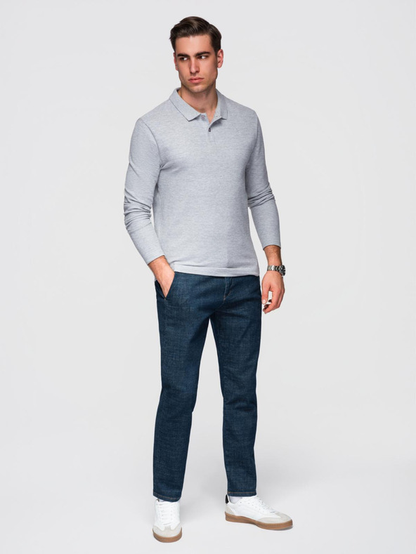 Ombre Clothing Pánske tričko s dlhým rukávom a polo golierom BASIC - sivý melír V4 OM-POBL-0162 Ombre Clothing