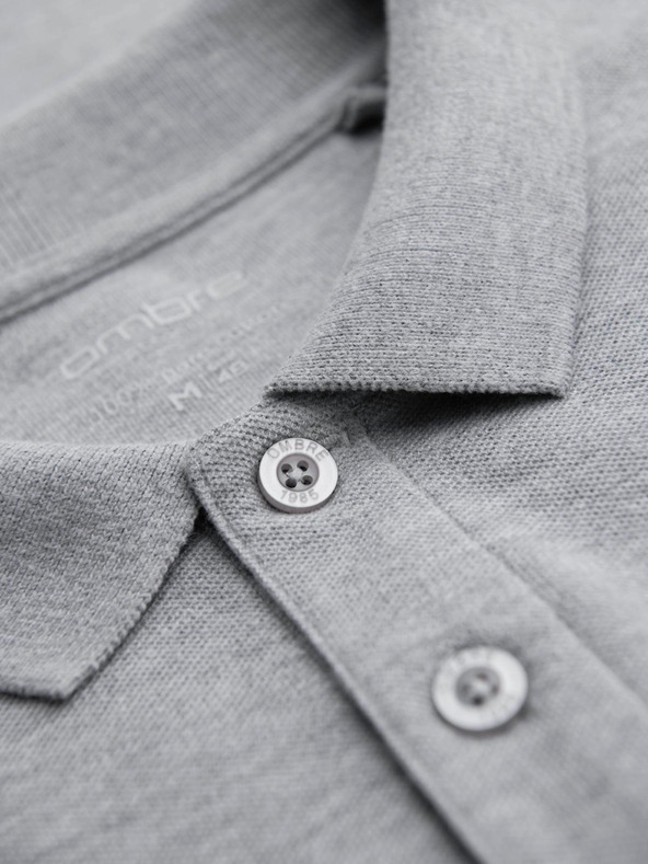 Ombre Clothing Pánske tričko s dlhým rukávom a polo golierom BASIC - sivý melír V4 OM-POBL-0162 Ombre Clothing