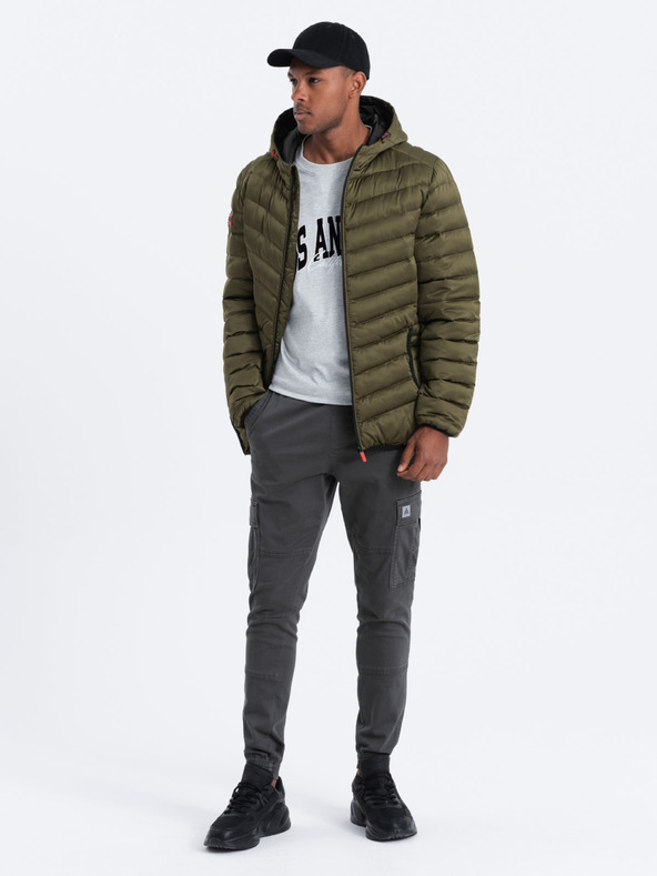 Ombre Clothing Khaki pánska prešívaná ľahká bunda Ombre Oblečenie