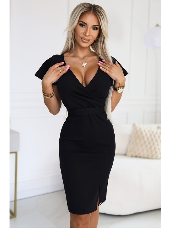 numoco Elegantné šaty s listovým výstrihom - čierne Numoco NINA