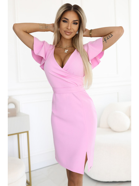 numoco 479-10 NINA elegantné šaty s výstrihom do V, rukávmi a páskom - cukríkovo ružové