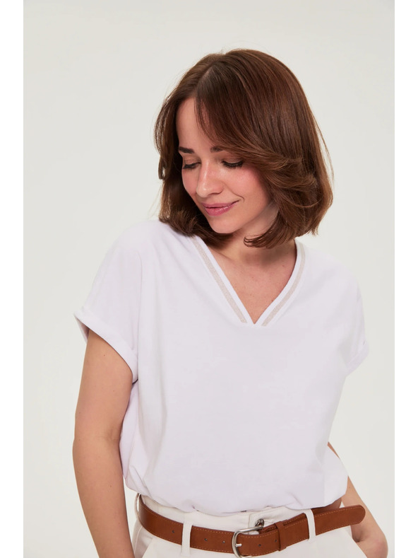 Moodo Bavlnené tričko s výstrihom do V biela Moodo