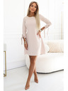 numoco ALICE Lichobežníkové mini šaty s mašľou a viazanými rukávmi - béžové
