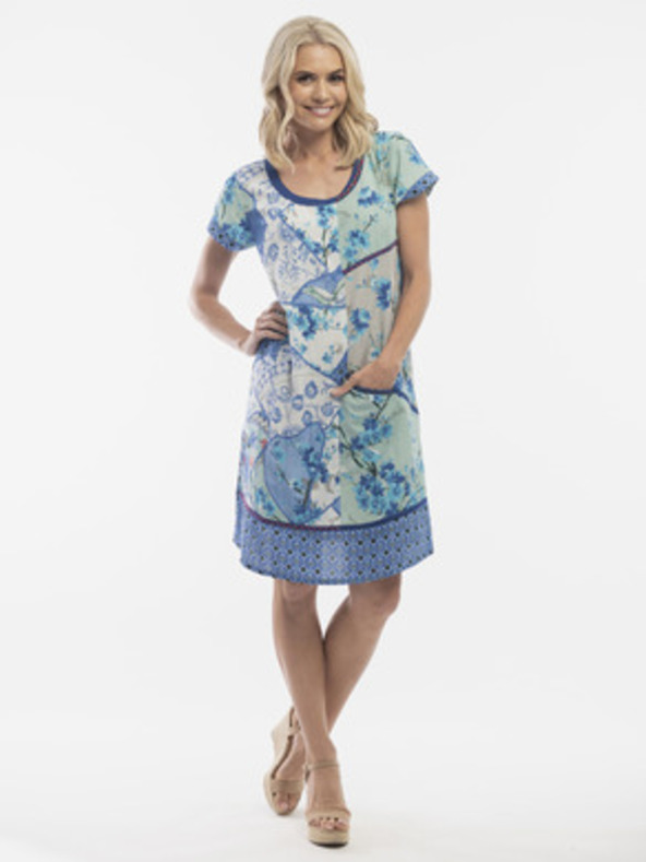 Orientique Modré dámske kvetované šaty s prímesou ľanu Orientique