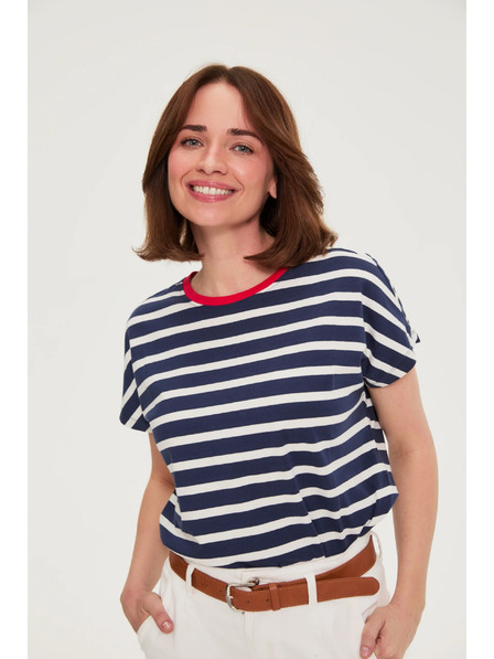 Moodo Bavlnené tričko pruhované tmavo modré Moodo