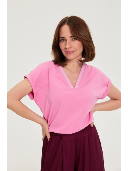 Moodo Bavlnené tričko s V výstrihom ružové Moodo