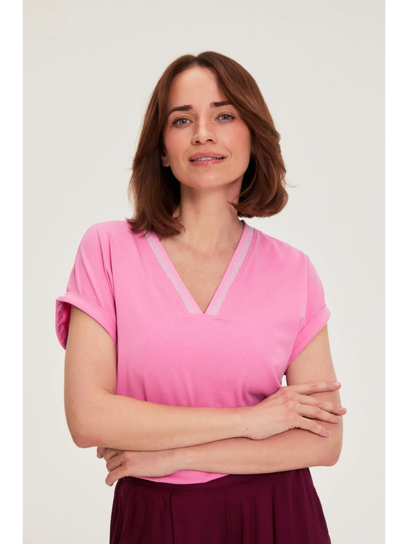 Moodo Bavlnené tričko s V výstrihom ružové Moodo