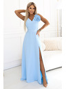 numoco Maxi šaty na svadbu s kvetinou na ramene a rozparkom - svetlo modré