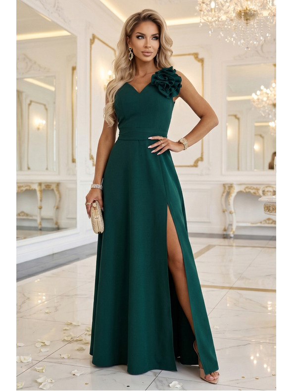 numoco Romantické maxi šaty s kvetinou na rameni a rozparkom - fľašková zeleň