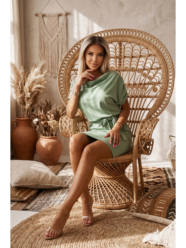 numoco ROXI pohodlné šaty s asymetrickou sukňou a páskom - pistáciové