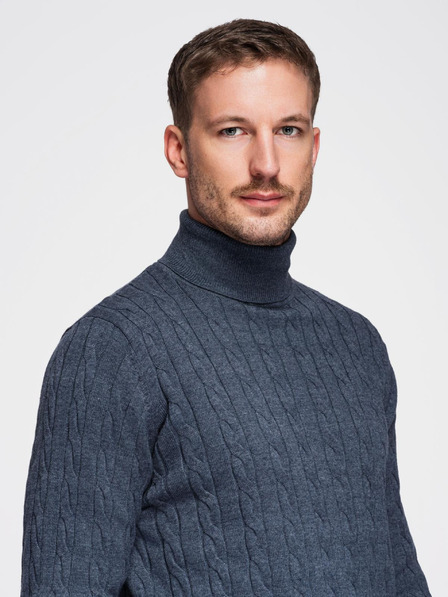 Ombre Clothing Pánsky sveter s rolákom a kockovanou väzbou - tmavě modrý V3 OM-SWTN-0157 Ombre Clothing