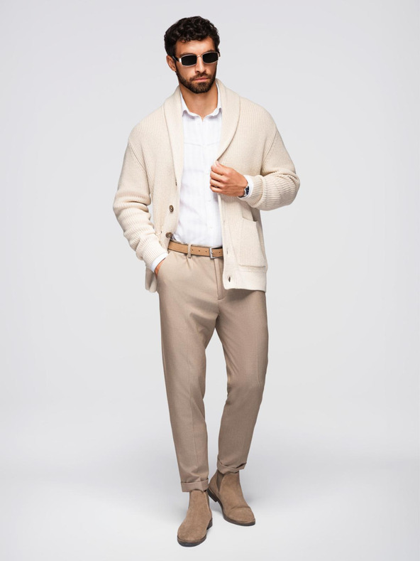 Ombre Clothing Pánsky bavlnený sveter so šálovým golierom - béžový V2 OM-SWCD-0153 Ombre Clothing