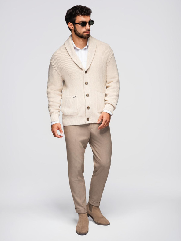 Ombre Clothing Pánsky bavlnený sveter so šálovým golierom - béžový V2 OM-SWCD-0153 Ombre Clothing