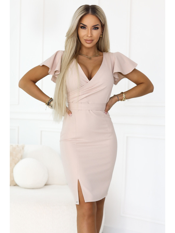 numoco NINA Elegantné šaty s obálkovým výstrihom, rukávom a páskom - béžové s trblietavým efektom