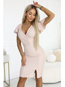 numoco NINA Elegantné šaty s obálkovým výstrihom, rukávom a páskom - béžové s trblietavým efektom