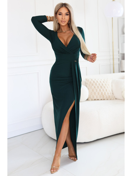 numoco Elegantné dlhé šaty s obálkovým výstrihom a rozparkom - fľašková zeleň