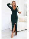 numoco Elegantné dlhé šaty s obálkovým výstrihom a rozparkom - fľašková zeleň