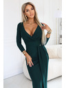 numoco Elegantné dlhé šaty s obálkovým výstrihom a rozparkom - fľašková zeleň