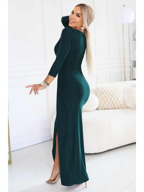 numoco Elegantné dlhé šaty s obálkovým výstrihom a rozparkom - fľašková zeleň
