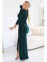 numoco Elegantné dlhé šaty s obálkovým výstrihom a rozparkom - fľašková zeleň
