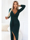 numoco Elegantné dlhé šaty s obálkovým výstrihom a rozparkom - fľašková zeleň