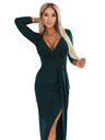 numoco Elegantné dlhé šaty s obálkovým výstrihom a rozparkom - fľašková zeleň