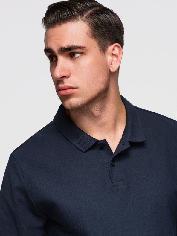 Ombre Clothing Pánske tričko BASIC s dlhým rukávom a polo golierom - tmavo modré V3 OM-POBL-0162 Ombre Clothing