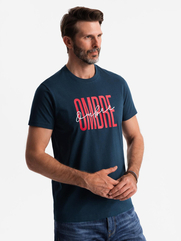 Ombre Clothing Pánske bavlnené tričko s dvojitým logom - tmavo modré V3 S2041 Ombre Clothing