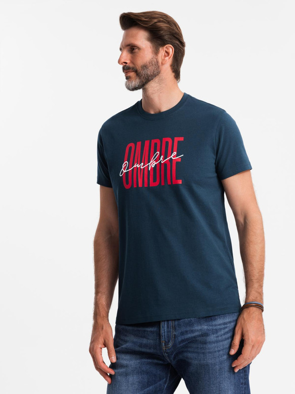 Ombre Clothing Pánske bavlnené tričko s dvojitým logom - tmavo modré V3 S2041 Ombre Clothing
