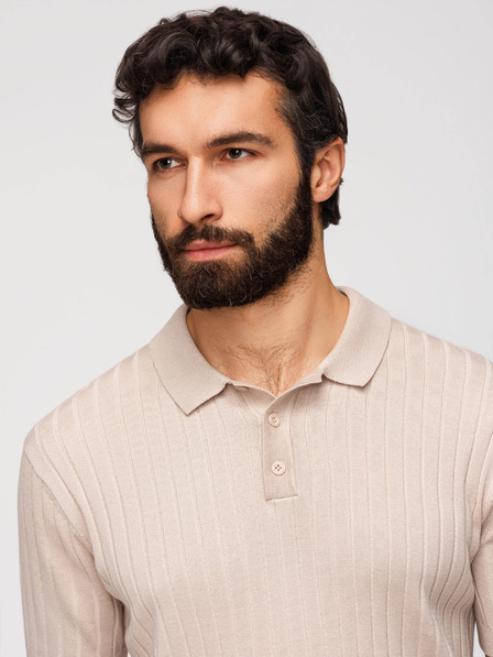 Ombre Clothing Pánska polokošeľa SLIM FIT z viskózy so zvislými prúžkami - béžová V2 OM-POSS-0169 Ombre Clothing