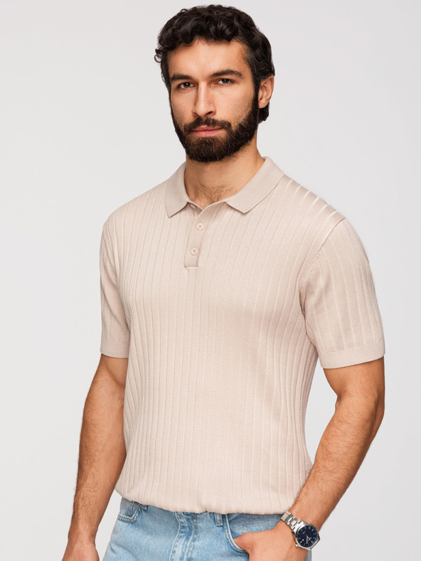 Ombre Clothing Pánska polokošeľa SLIM FIT z viskózy so zvislými prúžkami - béžová V2 OM-POSS-0169 Ombre Clothing