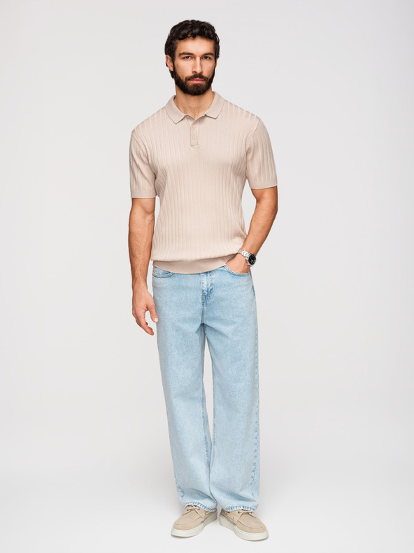 Ombre Clothing Pánska polokošeľa SLIM FIT z viskózy so zvislými prúžkami - béžová V2 OM-POSS-0169 Ombre Clothing